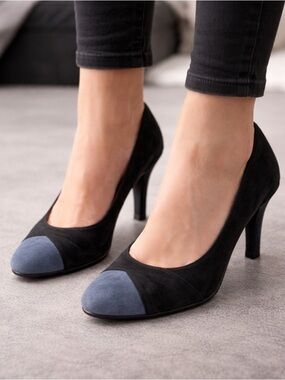 Authentic Chanel Classic Two-Tone Black and Blue Suede Pumps